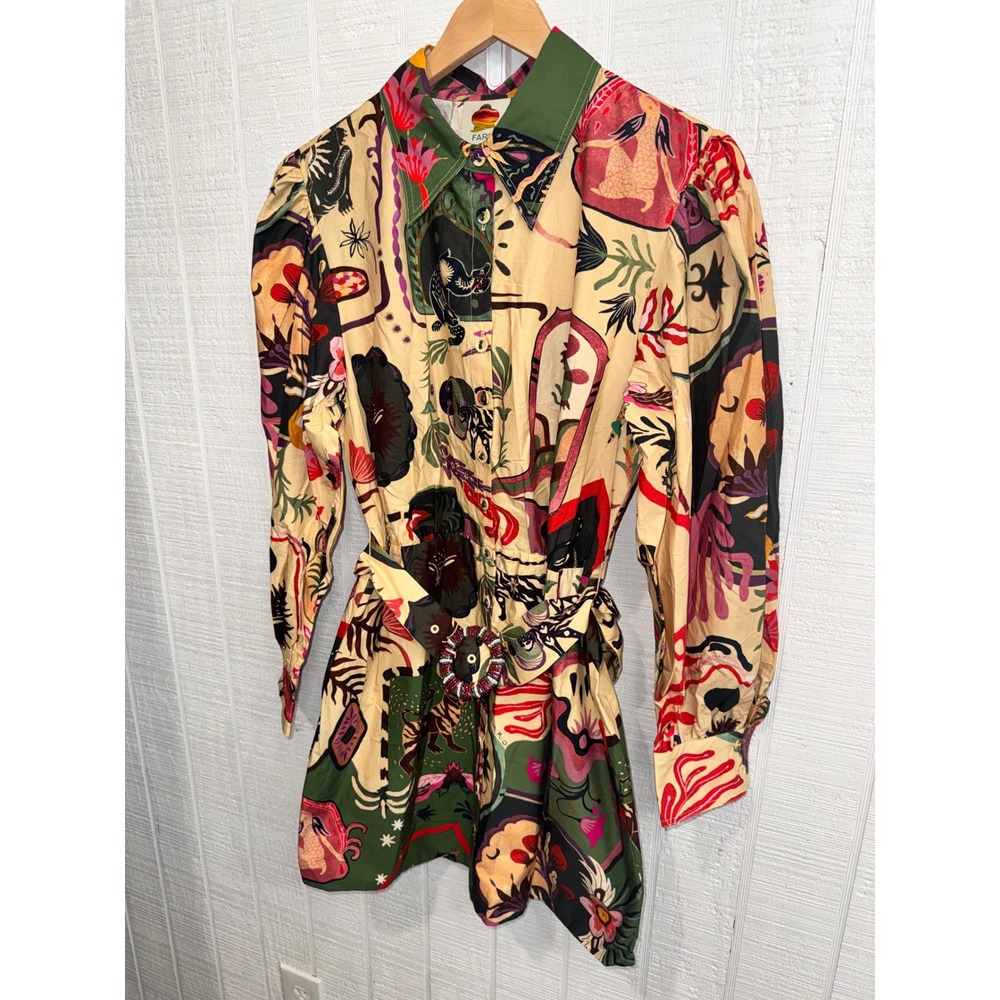 Farm Rio Artsy Surreal Land Mini Dress Womens Beige Multi Long Sleeve Large NWT - Picture 2 of 9
